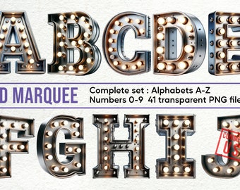 3D Marquee Alphabet & Doodles: Conjunto de clipart com letras PNG, números, elementos decorativos para uso comercial