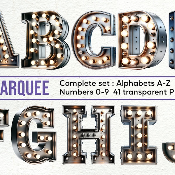 3D Marquee Alphabet & Doodles: Clipart Set with PNG Letters, Numbers, Decorative Elements for Commercial Use