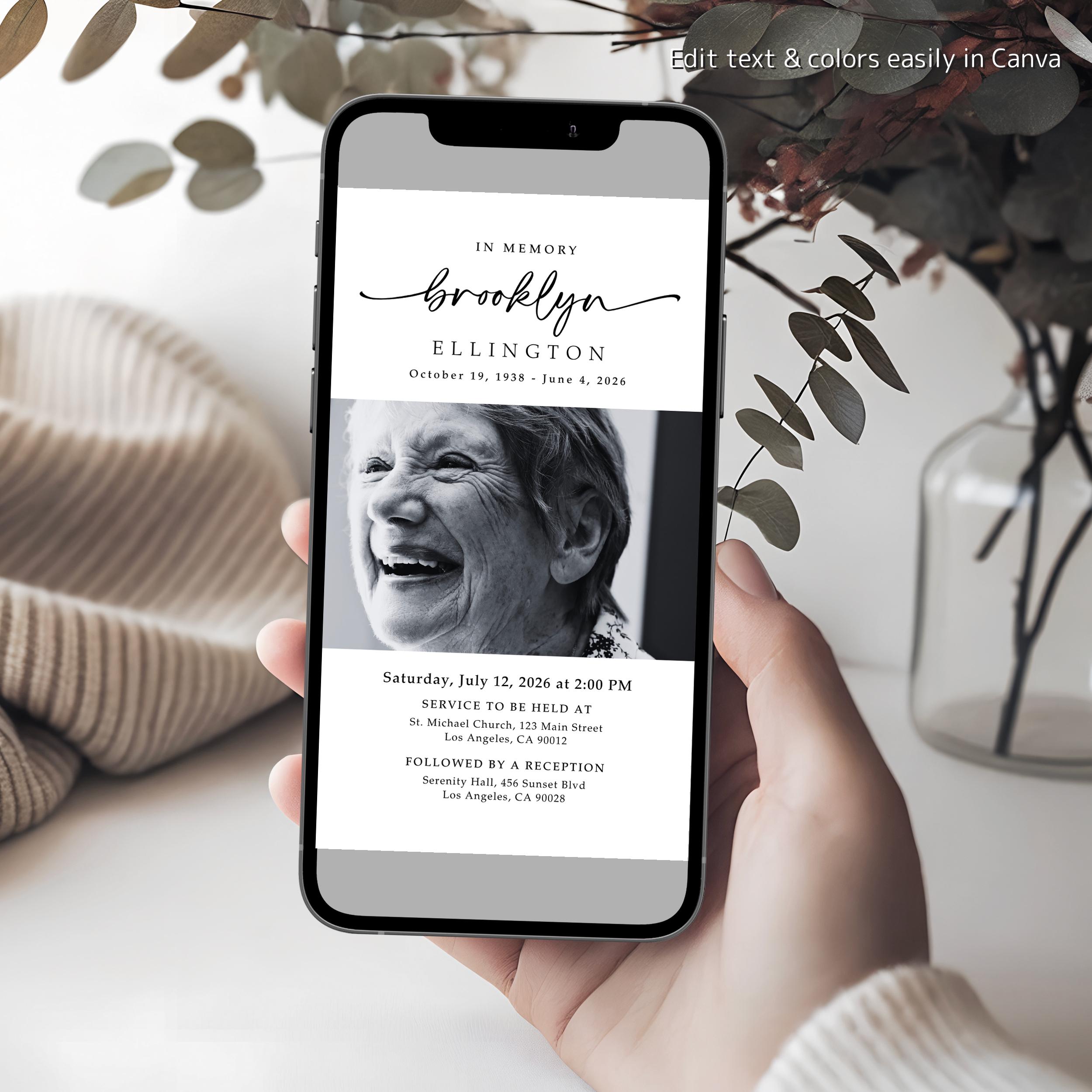 Modern Digital Funeral Invitation Canva Template | in Loving Memory ...