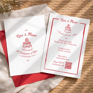 May include: White wedding invitation with red text and a red border. The invitation includes the names "Luna & Mason", a cake illustration, and event details. A red envelope is visible.