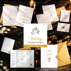 Puede incluir: Un conjunto de plantillas de invitaciones de boda. Las invitaciones son blancas con letras y detalles dorados. El texto incluye nombres, fechas y la frase "Wedding Template Bundle". Los sobres son dorados. También hay un gráfico de paloma.