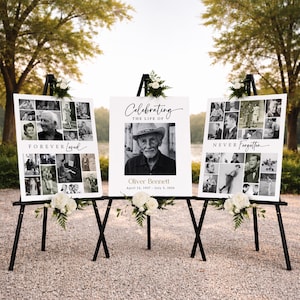 Könnte beinhalten: Drei schwarze Staffeleien zeigen Gedenktafeln. Das mittlere Schild lautet "Celebrating the Life of Oliver Bennett" mit einem Foto und Daten. Die anderen Schilder lauten "Forever Loved" und "Never Forgotten" mit Fotocollagen. Weiße Blumengestecke schmücken die Staffeleien.