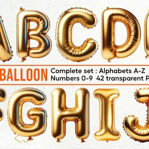 Balão de folha de ouro alfabeto e rabiscos: conjunto de clipart com letras PNG, números, elementos decorativos para uso comercial