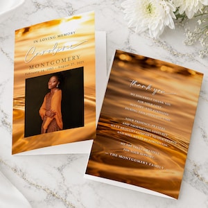 Modèle de programme de funérailles Golden Sunset | Livret Célébration de la vie | Toile de luxe pour service commémoratif, programme de funérailles (FR013)