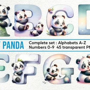 Alfabeto e rabiscos do bebê panda: conjunto de clipart com letras PNG, números e elementos decorativos para uso comercial