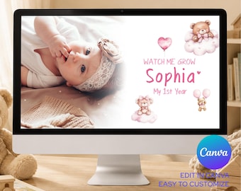 Könnte beinhalten: Eine digitale Diashow-Vorlage auf einem Computermonitor mit einem Foto eines Babys, das ein Spitzenstirnband trägt. Der Bildschirm zeigt Aquarellillustrationen von Teddybären, rosa Luftballons und den Text Watch Me Grow Sophia My 1st Year.