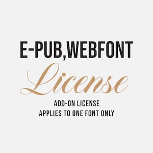 May include: A graphic with the text "E-PUB, WEBFONT License" in black and gold. Below, it reads "ADD-ON LICENSE APPLIES TO ONE FONT ONLY". The design is simple, with a clean, white background.