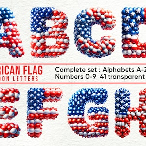 Alfabeto e rabiscos de balão pequeno da bandeira americana: conjunto de clipart com letras PNG, números e elementos decorativos para uso comercial