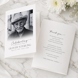 May include: A white funeral thank you card featuring a black and white portrait of an elderly person wearing a cowboy hat. The text reads Celebrating A Beautiful Life, OLIVER STERLING, April 12, 1937 - July 3, 2026, and a thank you message.