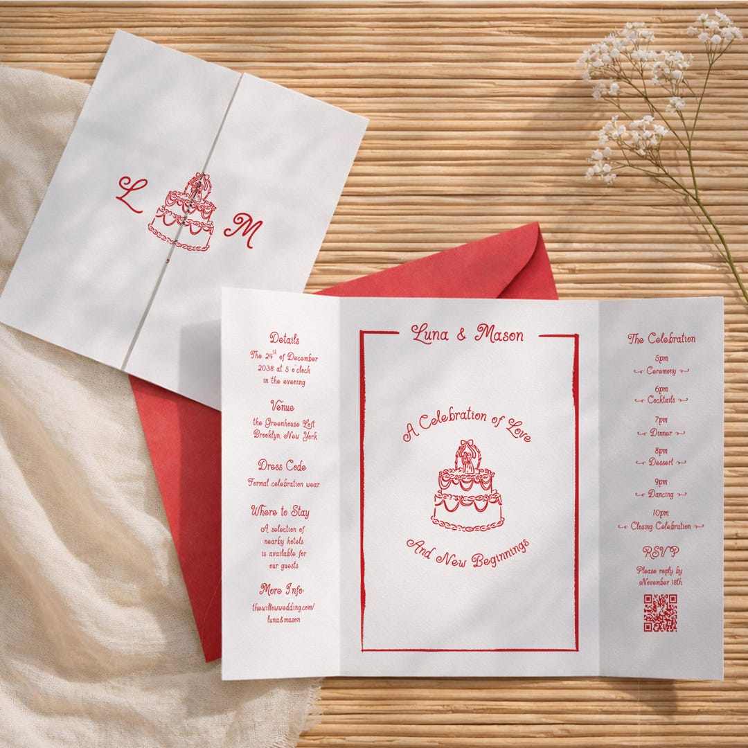 Hand Drawn Gatefold Wedding Invitation Canva Template | Whimsical Hand ...