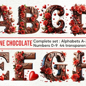 Valentine Chocolate Alphabet & Doodles: Clipart Set with PNG Letters, Numbers, Decorative Elements for Commercial Use
