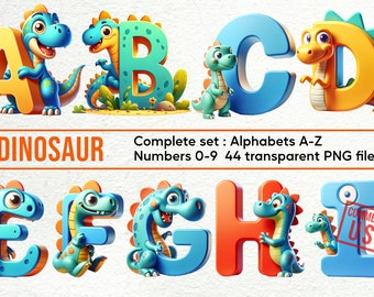 Alfabeto e rabiscos de dinossauro bebê: conjunto de clipart com letras PNG, números e elementos decorativos para uso comercial