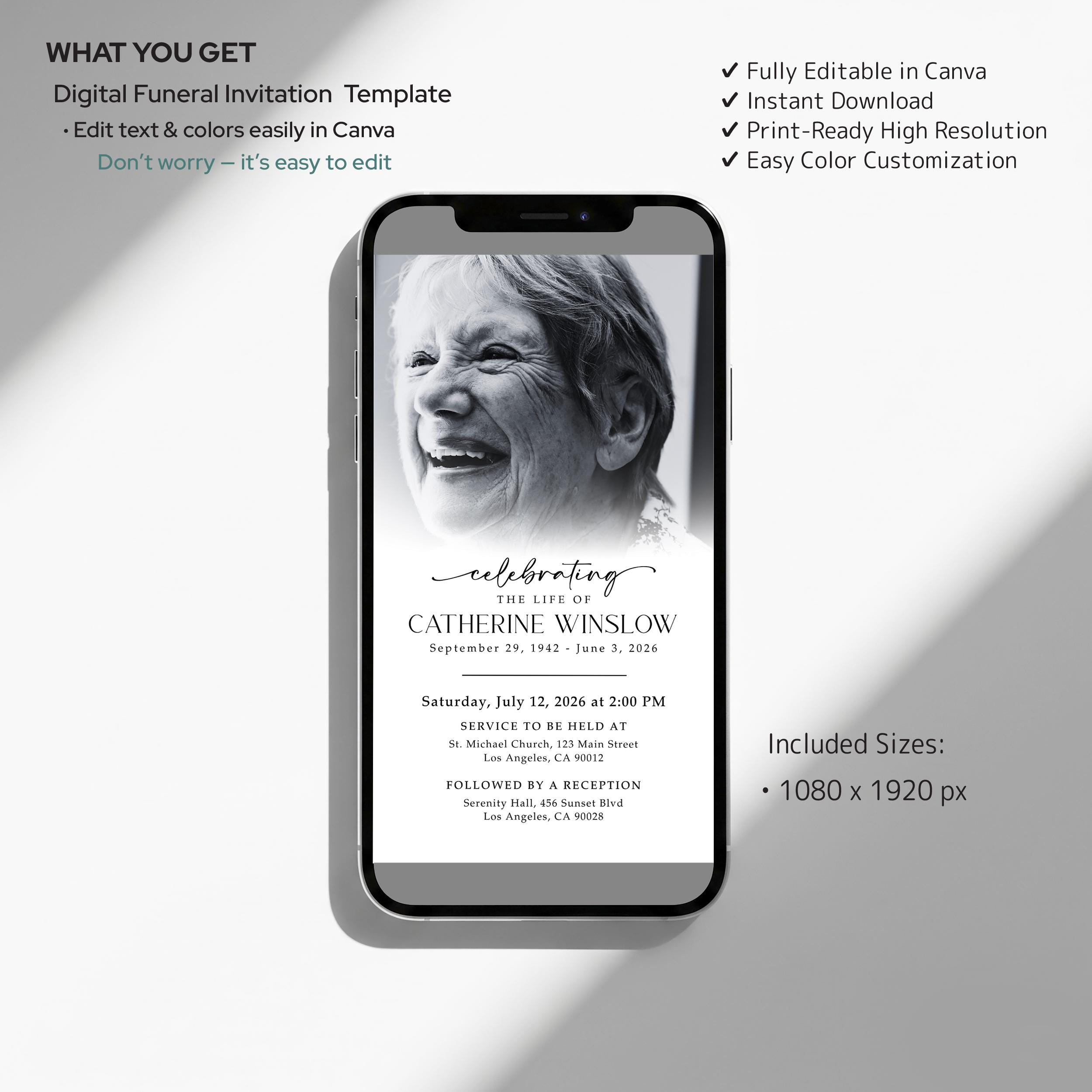 Celebration of Life Digital Invitation Canva Template | Minimal ...
