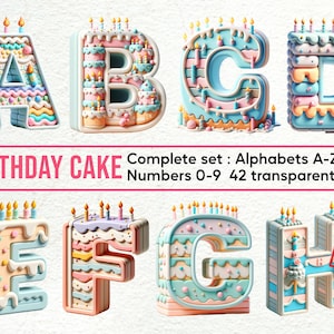Alfabeto y garabatos de pastel de cumpleaños: conjunto de imágenes prediseñadas con letras, números y elementos decorativos PNG para uso comercial
