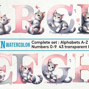 Alfabeto e scarabocchi ad acquerello gattino: set di clipart con lettere PNG, numeri ed elementi decorativi per uso commerciale