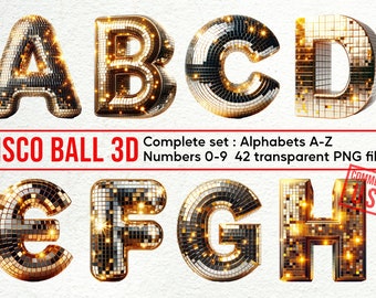 Disco Ball 3D Alphabet & Doodles: Clipart Set with PNG Letters, Numbers, Decorative Elements for Commercial Use