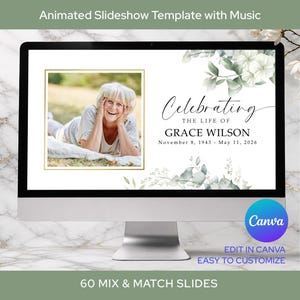 Może przedstawiać: Monitor komputera wyświetla szablon pokazu slajdów z tekstem "Celebrating the Life of Grace Wilson". Szablon zawiera zdjęcie, kwiatowe akcenty i logo Canva. Widoczny jest również tekst "60 Mix & Match Slides".