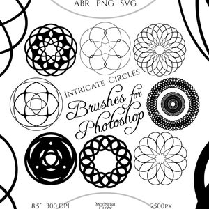 Intricate Circles - 8 Brushes for Photoshop, 12 300 dpi PNG files, SVG, Commercial Use, Photoshop Brushes