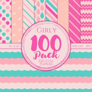 Digital Paper 100 Pack - Girly - Commercial Use, Girly Digital Patterns, Cute Digital Paper, Girly Digital Paper