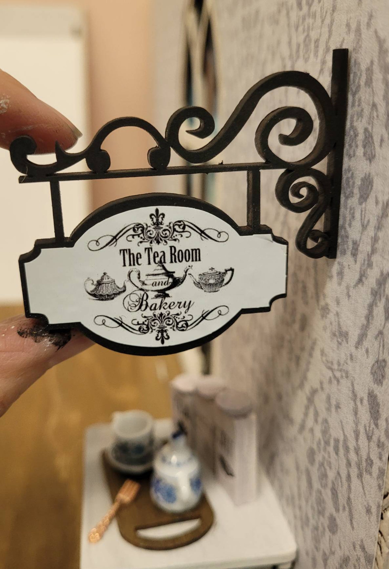 Miniature Dollhouse Tea Room and Bakery Sign With Wrought Iron Style