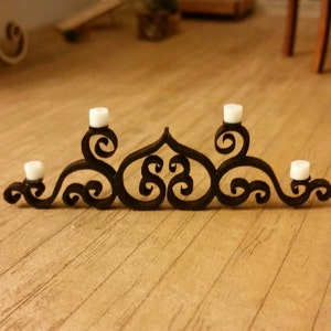 Miniature dollhouse wrought iron style candelabra with acrylic candles 1:12 and half scale