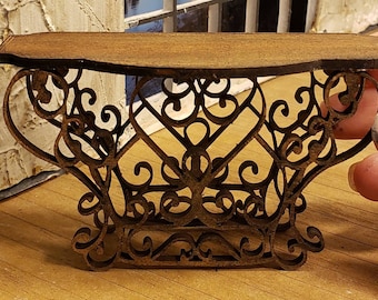 Lovely Miniature Dollhouse Wrought Iron Style Scrollwork look side table. Top Unfinished wood.  1:12 Scale