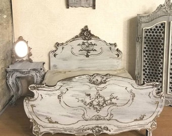 Miniature dollhouse reproduction of a Louis XV style bed 1:12 Scale Queen or Full Sized