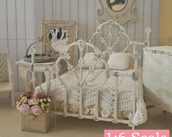 1:6 scale Miniature dollhouse wrought iron style double bed made from wood  unfinished or finished. Available other scales. KIT available
