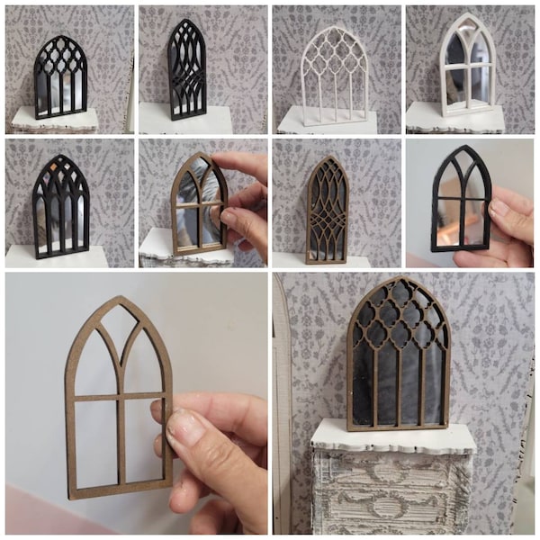 Miniature Dollhouse Gothic Style Window mirror 1:12 Scale Unfinished, Black, White or Bronze