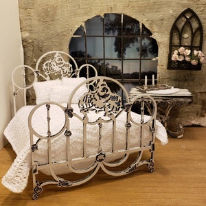 Miniature dollhouse wrought iron style Cartouche bed unfinished or finished 1:12 scale queen