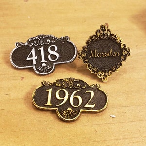 Custom Miniature Dollhouse Address Number or Name Plaque in Unfinished wood or Wrought Iron Style with Gold 1:12 or 1 /24 Scale