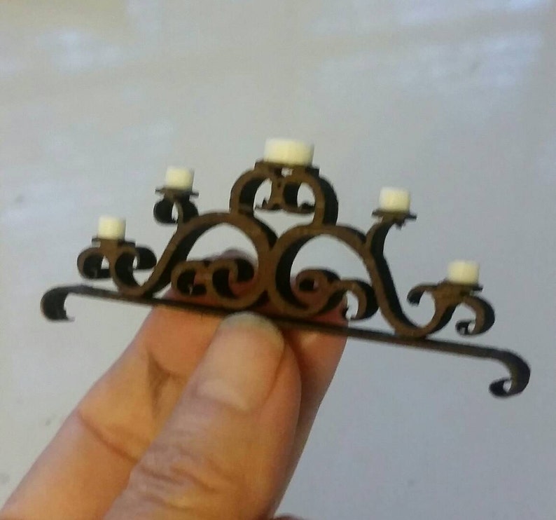 Miniature dollhouse rustic walnut candelabra with acrylic candles for mantle or table 1:12 scale image 3