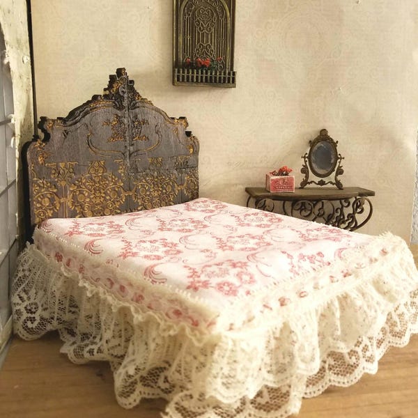 Miniature Dollhouse Louis XV Rococo style headboard in a Distressed Coco finish Queen 1:12