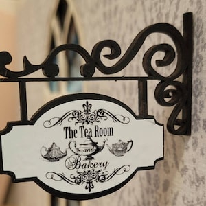 Miniature dollhouse Tea Room and Bakery sign with wrought iron style hanger 1:12 scale