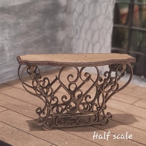 Half scale Lovely Miniature Dollhouse Wrought Iron Style Scrollwork look side table. Top rustic walnut wood.  1:24 Scale Available as a kit