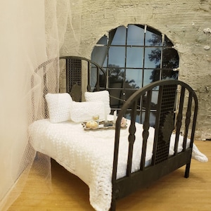 Miniature dollhouse wrought iron style Leona bed made from wood unfinished or aged iron 1:12 scale