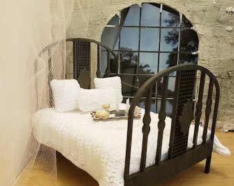 Miniature dollhouse wrought iron style Leona bed made from wood unfinished or aged iron 1:12 scale