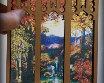 Miniature Dollhouse Stained Glass look Architectural Series Window with Frame "Autumn Leaves"