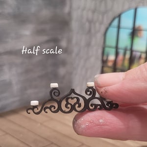 Miniature dollhouse wrought iron style candelabra with acrylic candles half scale