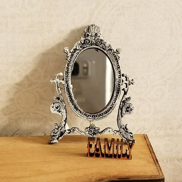 Miniature Dollhouse French style vanity mirror 1:12 scale or HALF Scale unfinished or Chalky French Grey , aged bronze or white