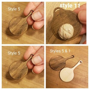 May include: Four different styles of wooden cutting boards. The first two are round and have a handle. The third is round and has no handle. The fourth is round and has a handle. The fourth cutting board is unfinished wood.