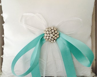 SATIN RING PILLOW White with Aqua