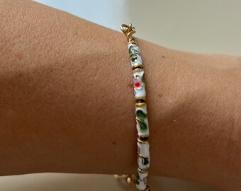 Enamel beaded bangle Bracelet with 14k Gold filled link chain