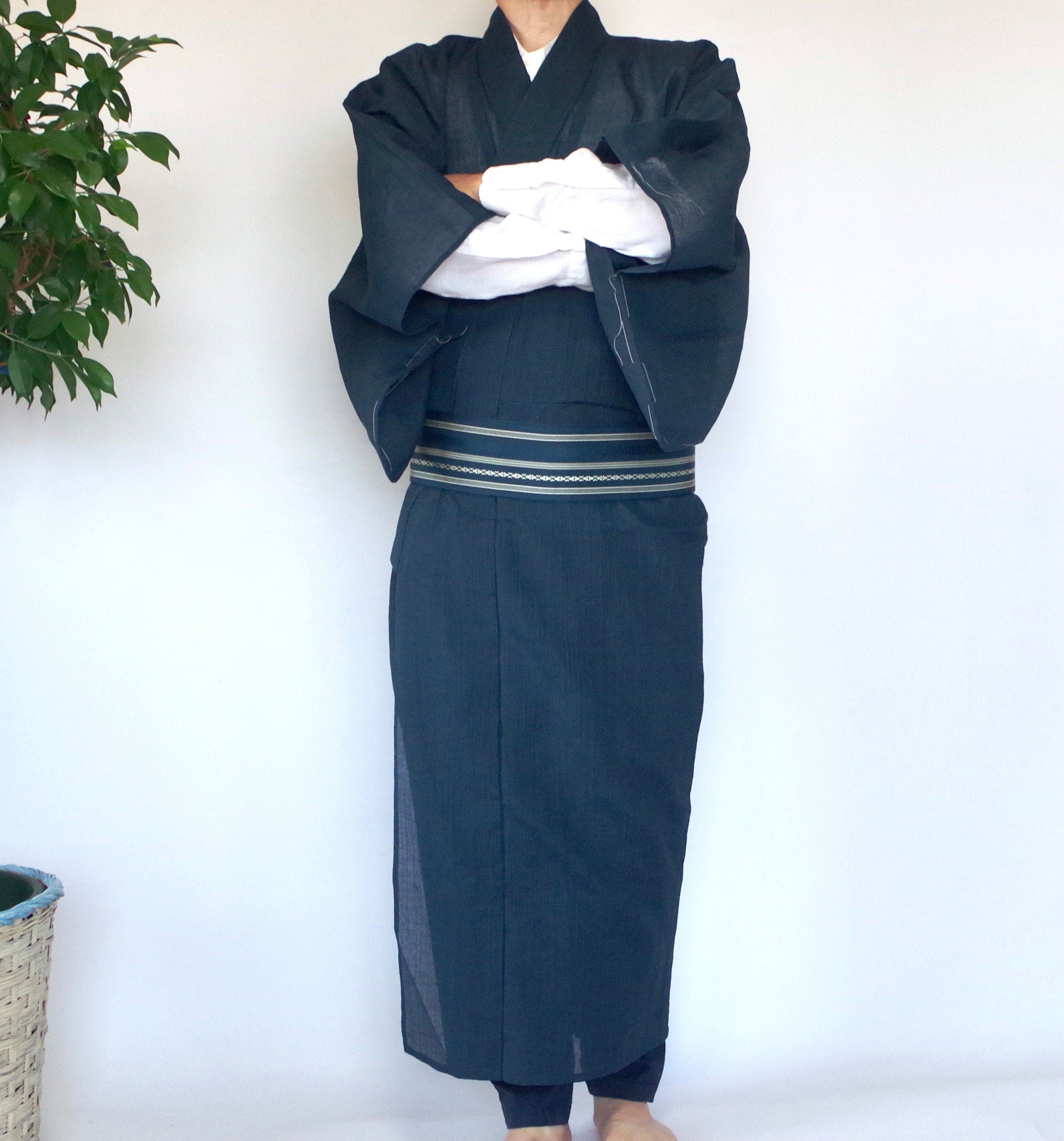Zwarte katoenen kimono broek set voor mannen unisex one size kimono Kleding Gender-neutrale kleding volwassenen Pyjamas & Badjassen Jurken gender gratis streetwear kimono stijl Japanse traditionele kleding set 