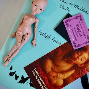 May include: A bald, articulated doll with a light skin tone rests on a light blue box labelled Schvartsman & Molding Dolls with love. Included are a purple certificate of authenticity and a card showing a child with the text Taking care of your doll.