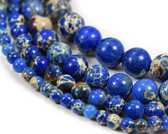 Blue  Sea Sediment Jasper Beads 4m 6mm 8mm 10mm 12mm Regalite Round Imperial Impression Stone, 15.5" Full Strand