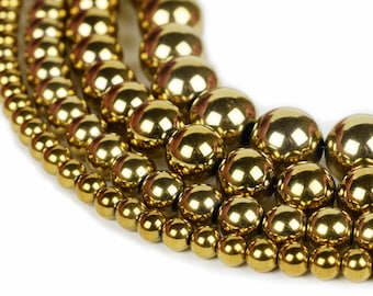 Gold Hematite Beads 3mm 4mm 6mm 8mm 10mm 12mm Loose Gemstone Round Bulk 15" Full Strand Jewelry Making Wholesale Mala Electroplated