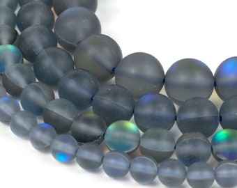 Gray Mystic Aura Quartz Beads | Frosted Mermaid Glass | Matte Synthetic Moonstone | Round 6mm 8mm 10mm 12mm | 15" Strand Jewelry Making