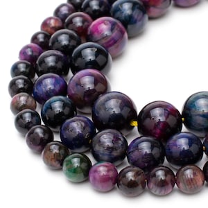 Galaxy Tiger Eye Bead Strand | 6mm 8mm 10mm |  15&quot; Round Purple Beads For Jewelry Making Tigers Eye Bulk Gemstone