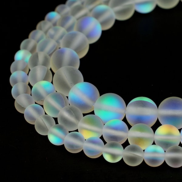 Mystic Aura Quartz Beads | Frosted Mermaid Glass | Matte Clear Synthetic Moonstone | Round 6mm 8mm 10mm 12mm | 15" Strand Jewelry Making